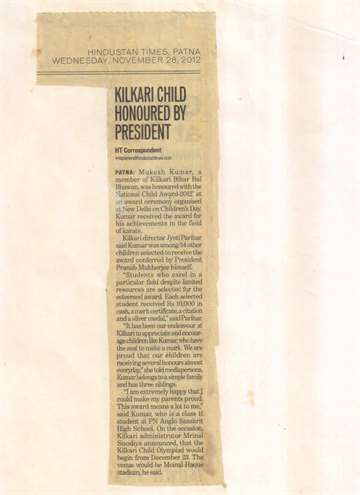 Hindustan Times patna 28 nov 2012 Kilkari child honoured by president mukesh kumar achievements in the field of karate