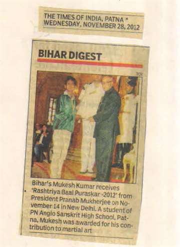 The Times of india patna 28 nov 2012 Bihar mukesh kumar receives Rashtriya baal puraskar 2012 from president pranab mukherjee