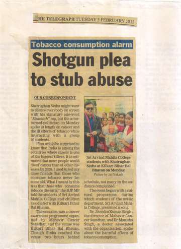 The Telegraph 5 feb 2013 Tobacco awareness day and visit kilkari bihar bal bhawan