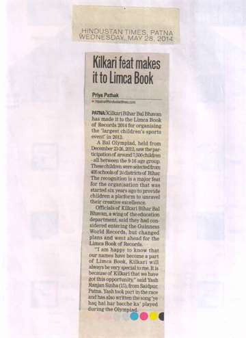 Hindustan times patna 28 may 2014 Kilkari has made itto the limca book of record