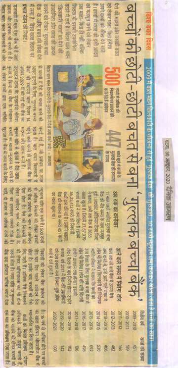 Daninik jagran 30 oct 2020 Children depositing money in gullak bank of kilkari bihar bal bhavan
